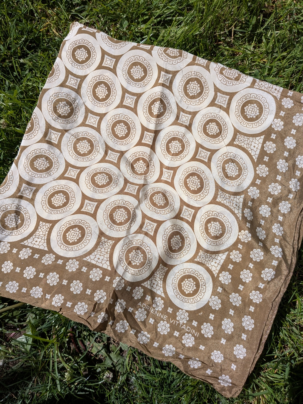 Adrienne Vittadini Beige & White Medallion Silk Scarf